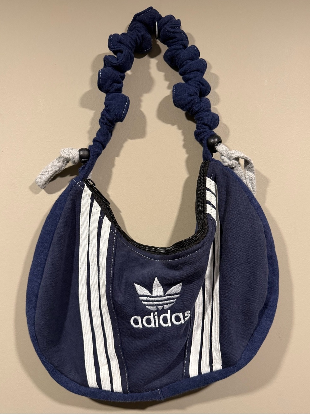 adidas inspired rework Navy two-tone Shoulder Bag with White Three-Stripes